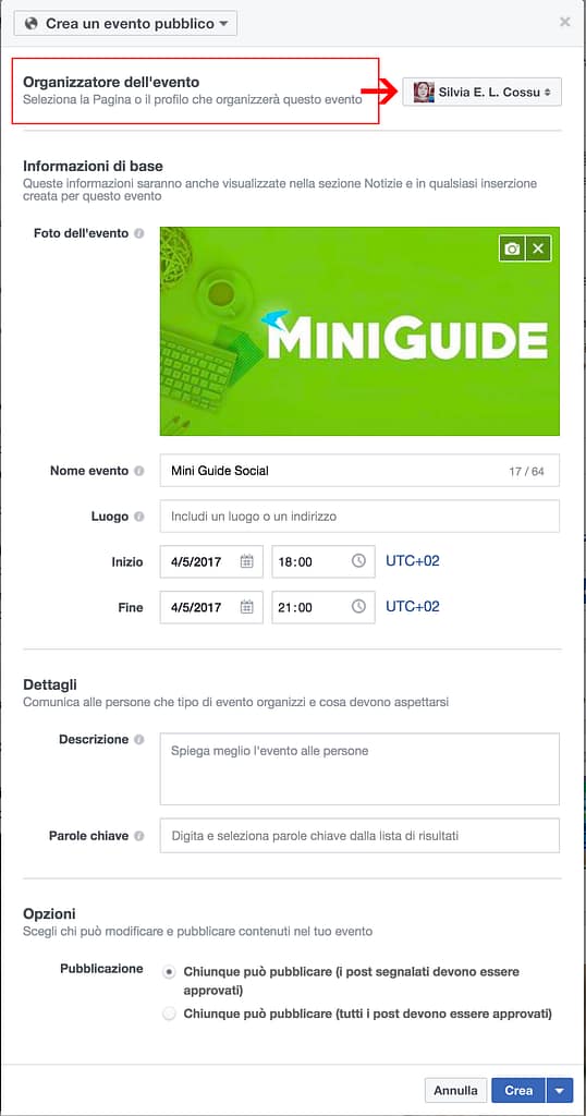 creazione di un evento facebook con account personale