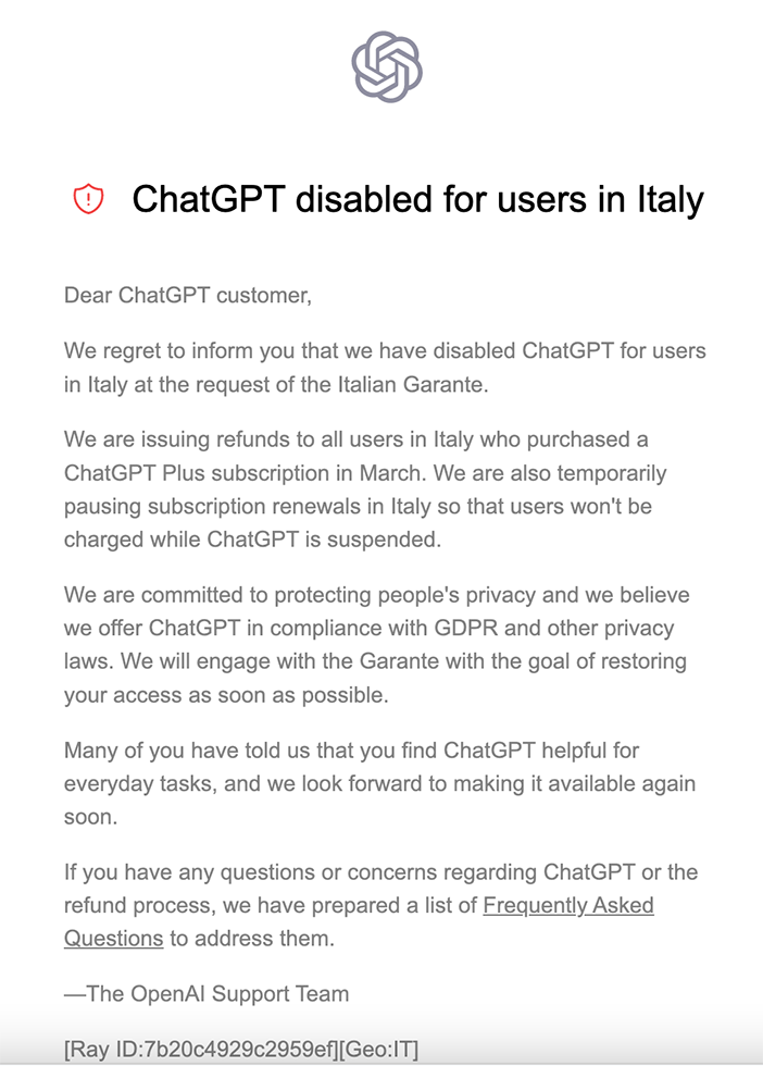 ChatGPT bloccato in Italia dal Garante per la privacy mostra questa schermata di avviso agli utenti italiani.