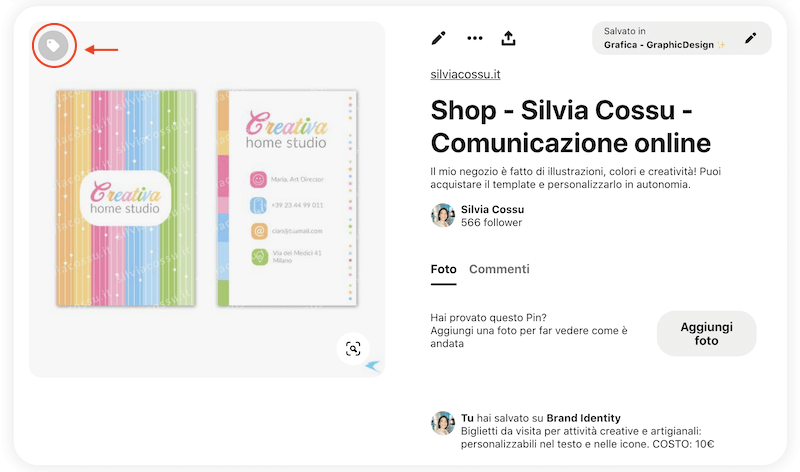 Puoi aggiungere e taggare i prodotti che vendi su Pinterest: nell'immagine un prodotto grafico di Silvia Cossu