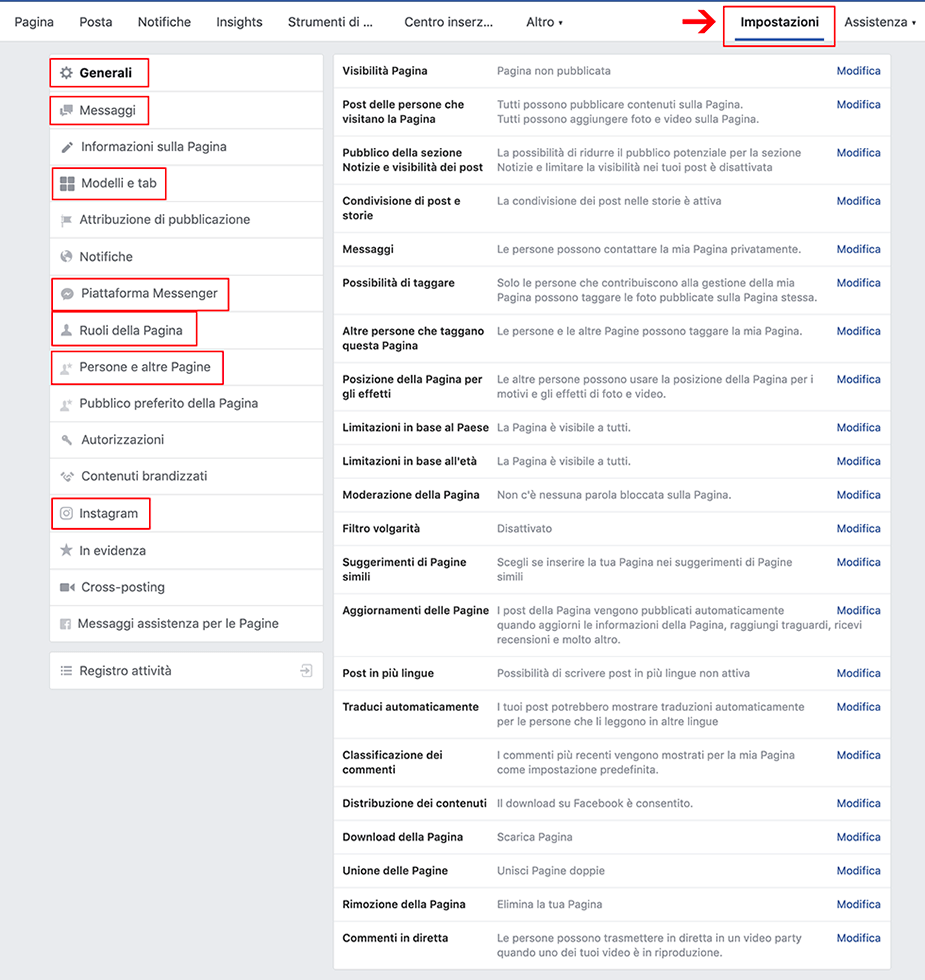 Quando crei la tua pagina Facebook aziendale sono molto importanti anche le impostazioni: ti permettono di tenere sotto controllo la tua pagina