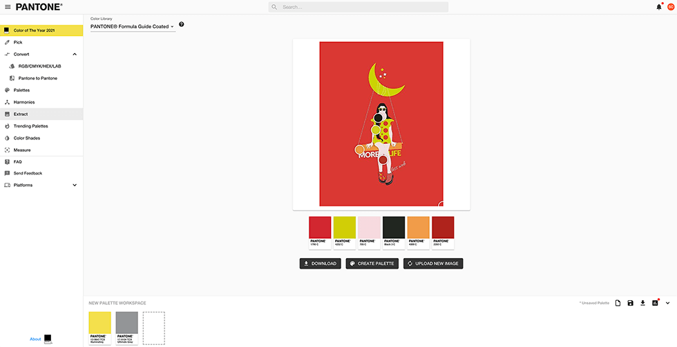 Un'anteprima della nuova sezione di Pantone dedicata alla creazione di palette di colori