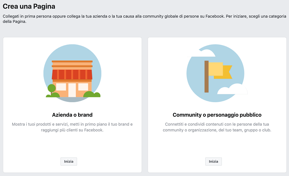 Come creare una pagina Facebook aziendale: scegli il tipo di pagina che vuoi creare